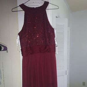 Long red halter top dress